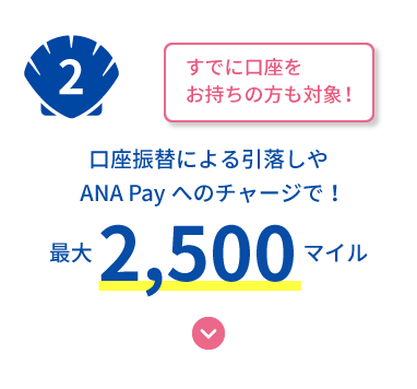 マイル特典2 口座振替による引落しやANA Payへのチャージで!最大2,500マイル