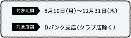 対象期間：8月10日（月）～12月31日（木） 対象店舗：Dバンク支店（クラブ店除く）