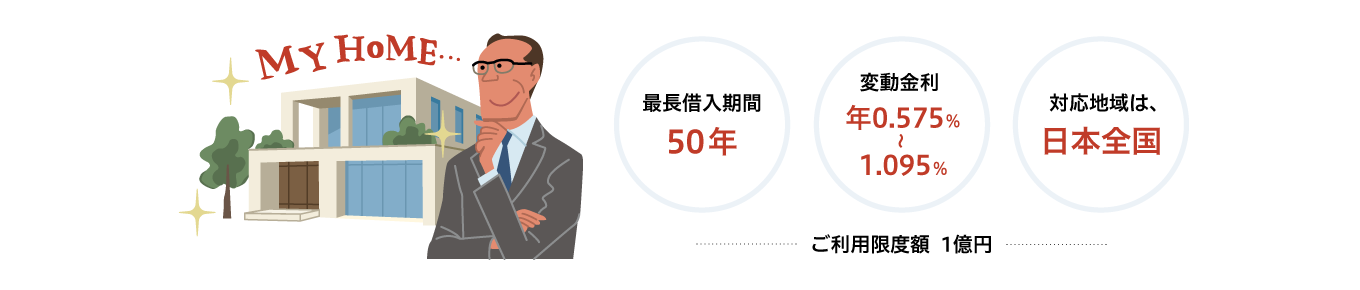 最長借入期間 50年　変動金利 年0.575％～1.095％　対応地域は、日本全国　ご利用限度額 1億円