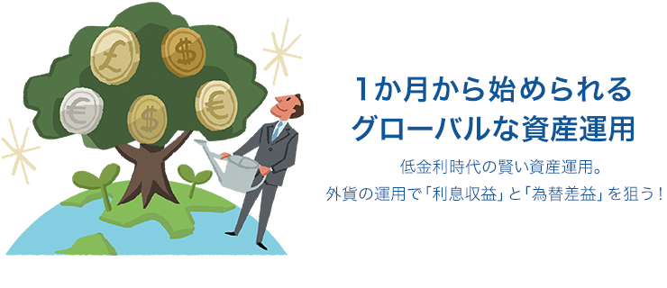 1か月から始められるグローバルな資産運用 低金利時代の賢い資産運用。外貨の運用で「利息収益」と「為替差益」を狙う！