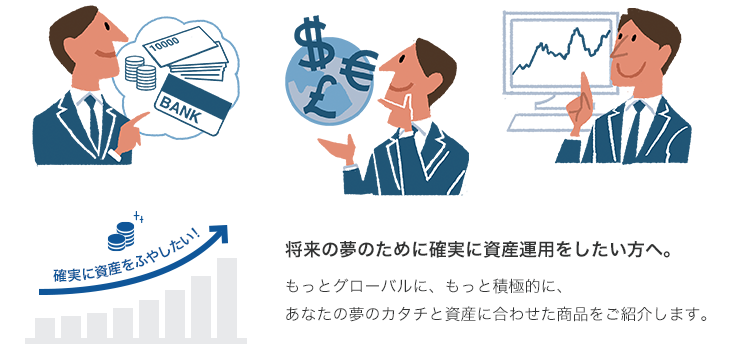 将来の夢のために確実に資産運用をしたい方へ。 もっとグローバルに、もっと積極的に、あなたの夢のカタチと資産に合わせた商品をご紹介します。