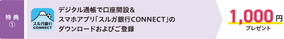 【特典①】デジタル通帳で口座開設＆スマホアプリ「スルガ銀行CONNECT」のダウンロードおよびご登録→1,000円プレゼント