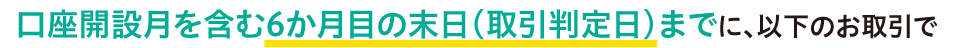 口座開設月を含む6か月目の末日（取引判定日）までに、以下のお取引で