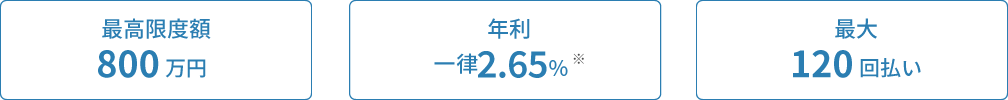 最高限度額800万円・年利一律2.5％・最大120回払い