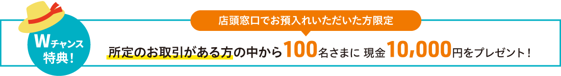 Wチャンス特典!【店頭窓口でお預入れいただいた方限定】所定のお取引がある方の中から100名さまに 現金10,000円をプレゼント!