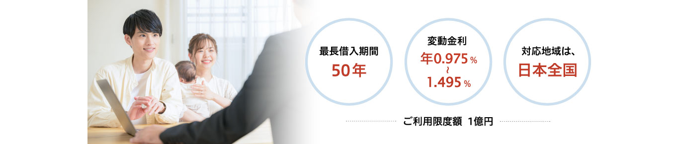 最長借入期間 50年　変動金利 年0.575％～1.095％　対応地域は、日本全国　ご利用限度額 1億円