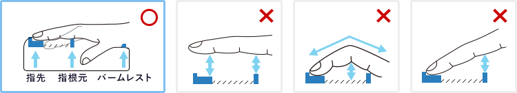 指先、根元、パームレストが触れるように置いてください。