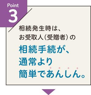 Point3 相続発生時は、お受取人(受贈者)の相続手続が、通常より簡単であんしん。